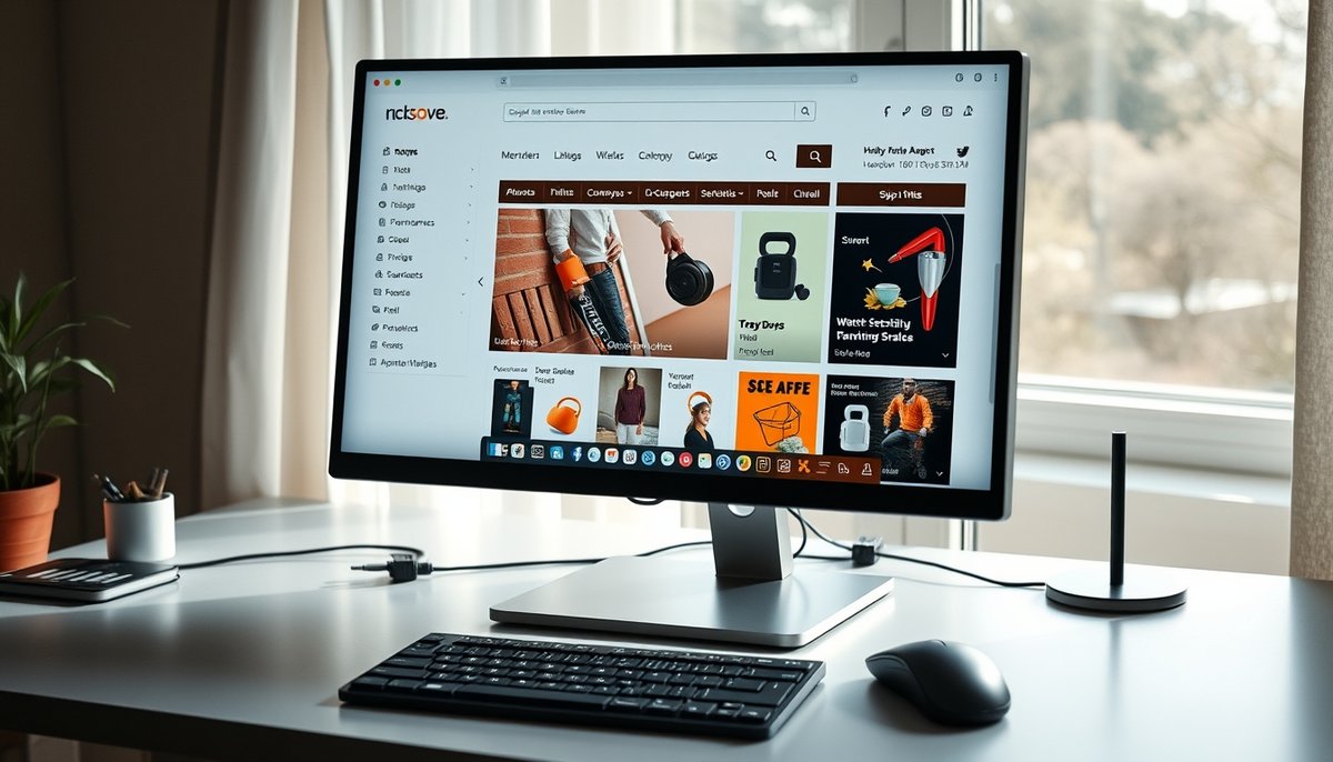 Pantalla de ordenador displaying interfaz profesional de tienda online WordPress con navegación limpia, productos y elementos de confianza Monitor desktop con tienda online mostrando catálogo y pasarelas pago