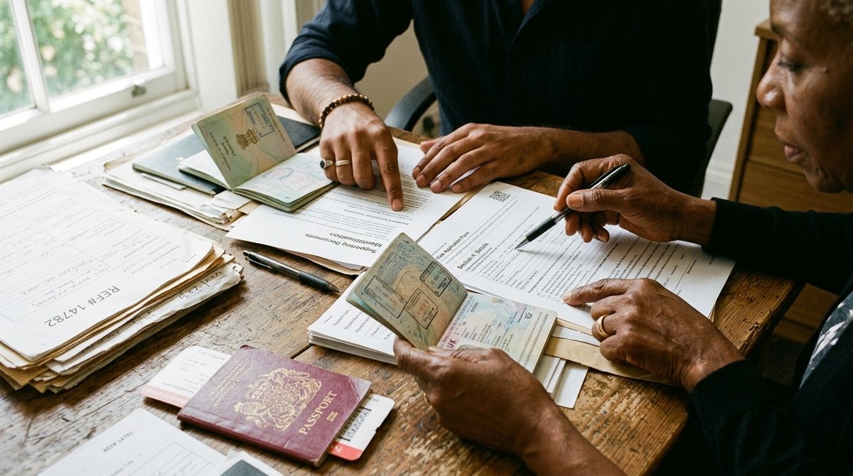 Revisión detallada de documentos oficiales de inmigración y pasaportes durante trámite administrativo en España Manos revisando documentos de inmigración y pasaportes sobre escritorio