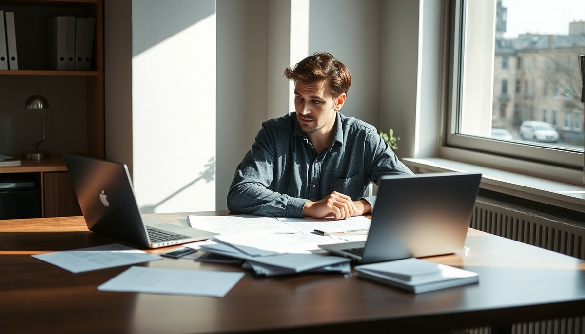 Emprendedor revisando documentos financiación ENISA en oficina moderna