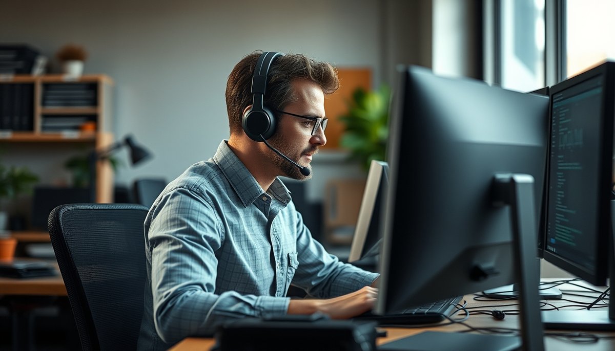 Técnico de soporte hosting monitoreando servidores con múltiples pantallas