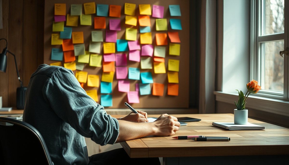 Proceso creativo para generar ideas de nombres de dominio: técnicas de lluvia de ideas y selección Brainstorming de nombres de dominio con notas adhesivas de colores en pared de oficina