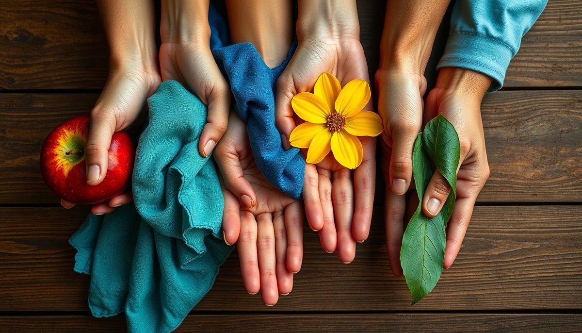 Diversidad cultural en la percepción de colores con manos de diferentes etnias sosteniendo objetos coloridos Manos diversas sosteniendo objetos de colores representando percepción cultural