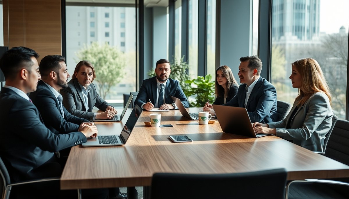 Reunión de emprendedores presentando a inversores en oficina moderna
