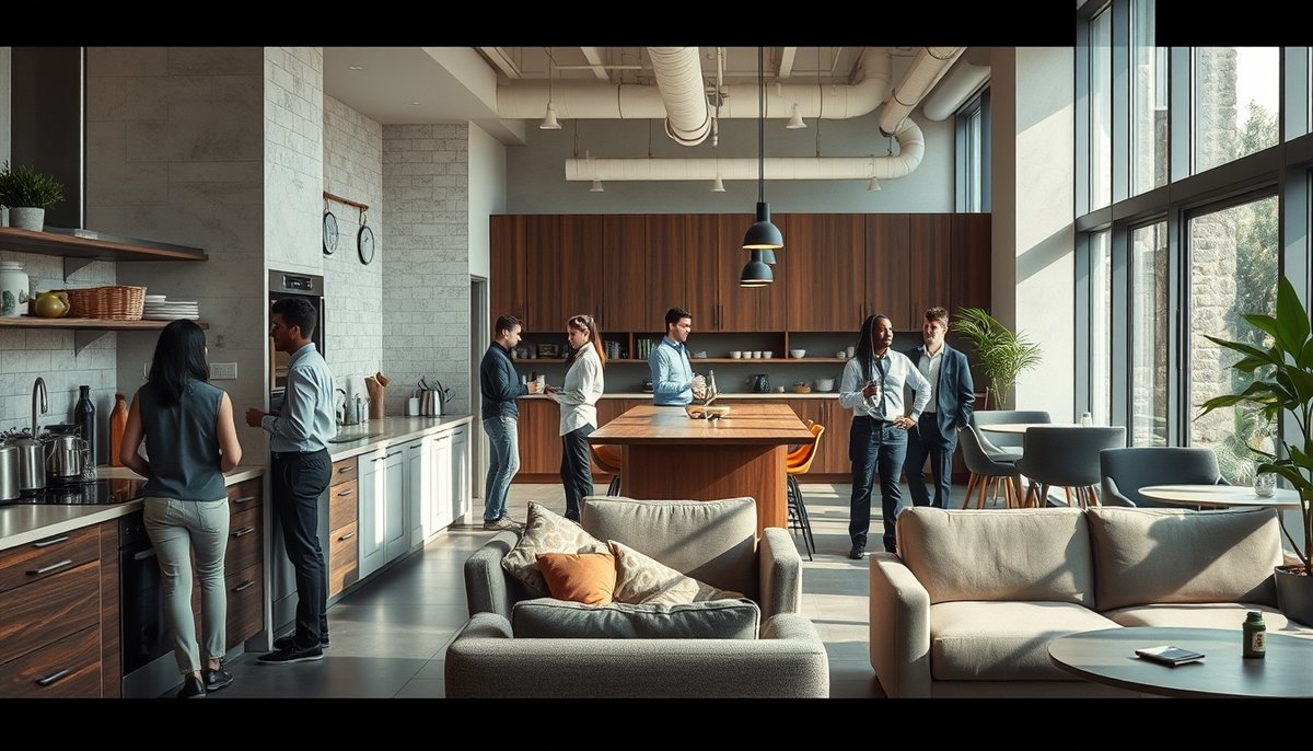 Área común coworking Badajoz - zona cocina y lounge para networking informal