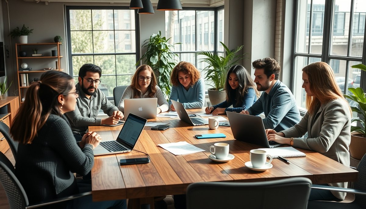 Equipo emprendedor preparando pitch para inversores en oficina startup moderna
