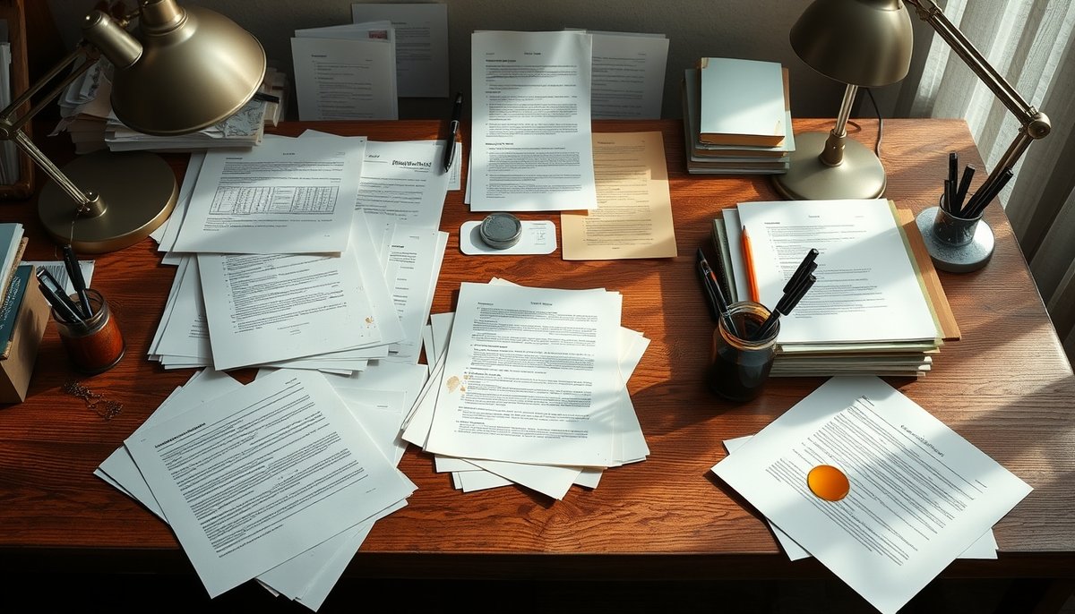 Espacio de trabajo organizado con documentos FAQ y materiales de planificación financiera accesibles