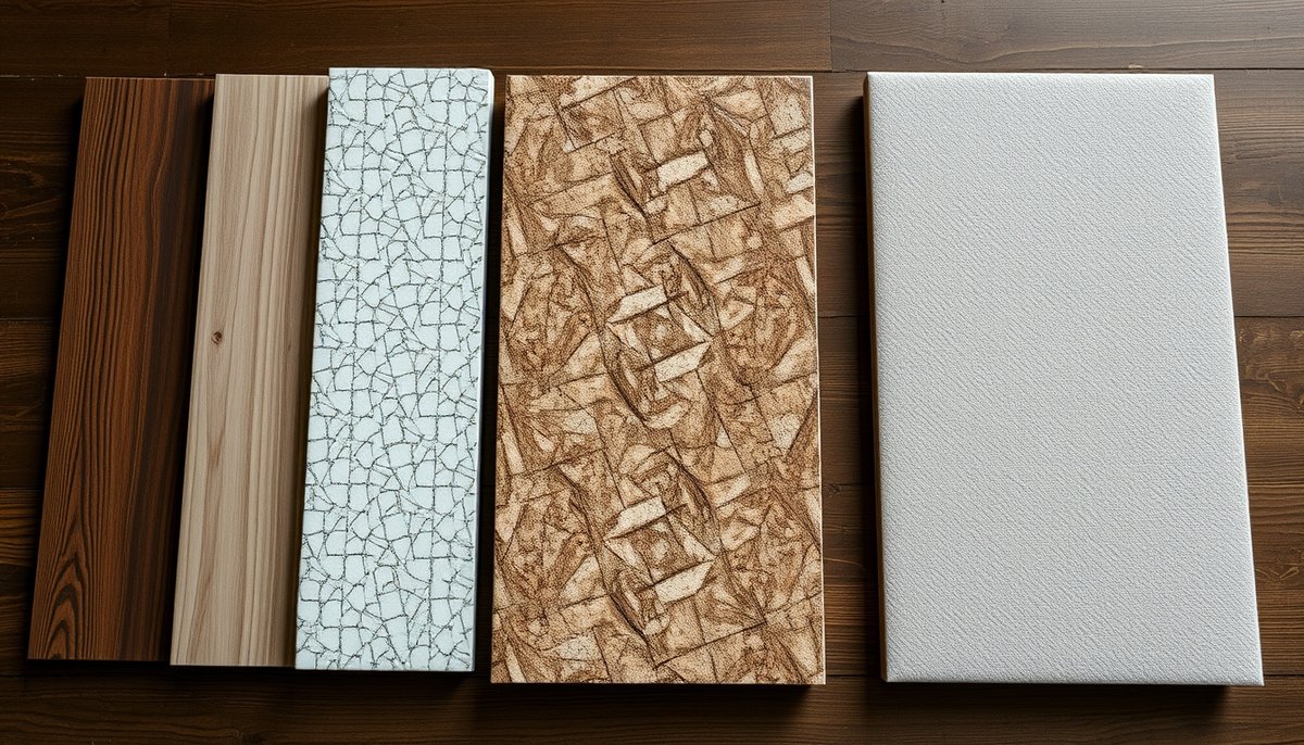 Tipos de paneles decorativos: vinilo, PVC, foam 3D y textiles sobre mesa de madera