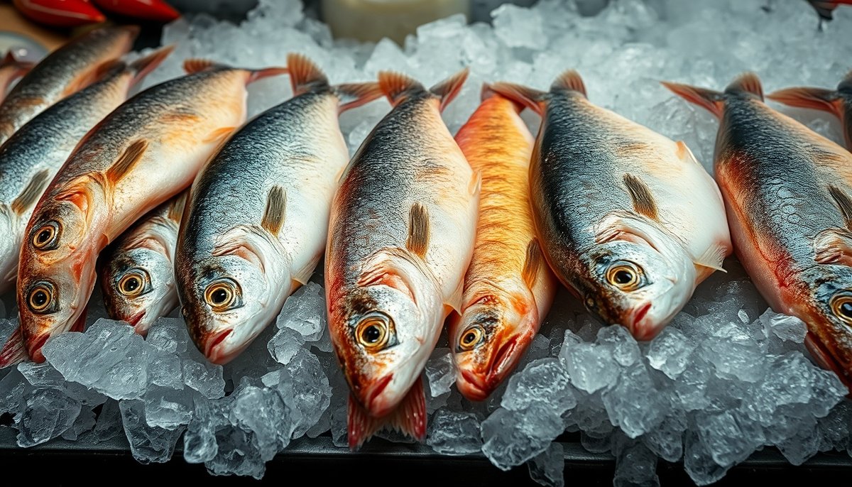 Selección de pescado fresco de roca en el mercado de Tabarca: gallina, rascacio, cabracho y mero sobre hielo cristalino Pescado de roca fresco mediterráneo en mercado de Tabarca - mero, gallina, rascacio