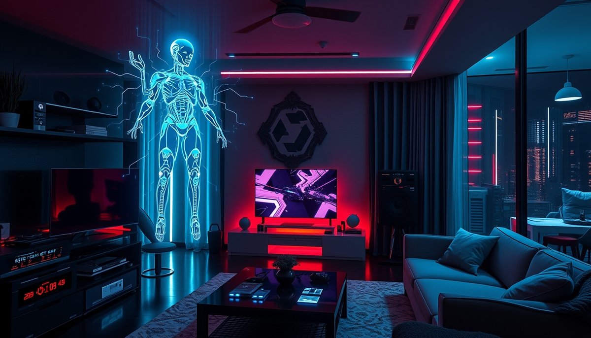 Casa inteligente con asistentes de voz IA holográficos y controles domóticos