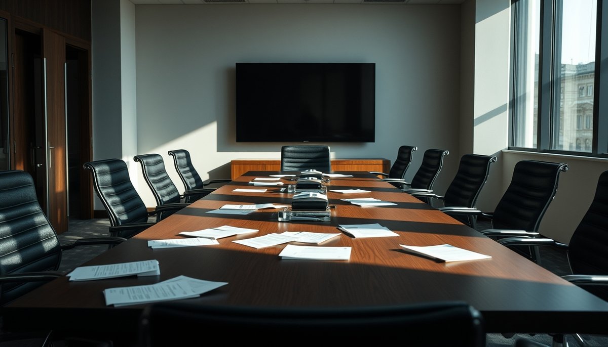 Sala de juntas con gráfico de caída de ventas y reportes de mercado mostrando declive del rendimiento empresarial Gráfico de ventas decreciente en monitor de sala de reuniones corporativa con documentos de análisis