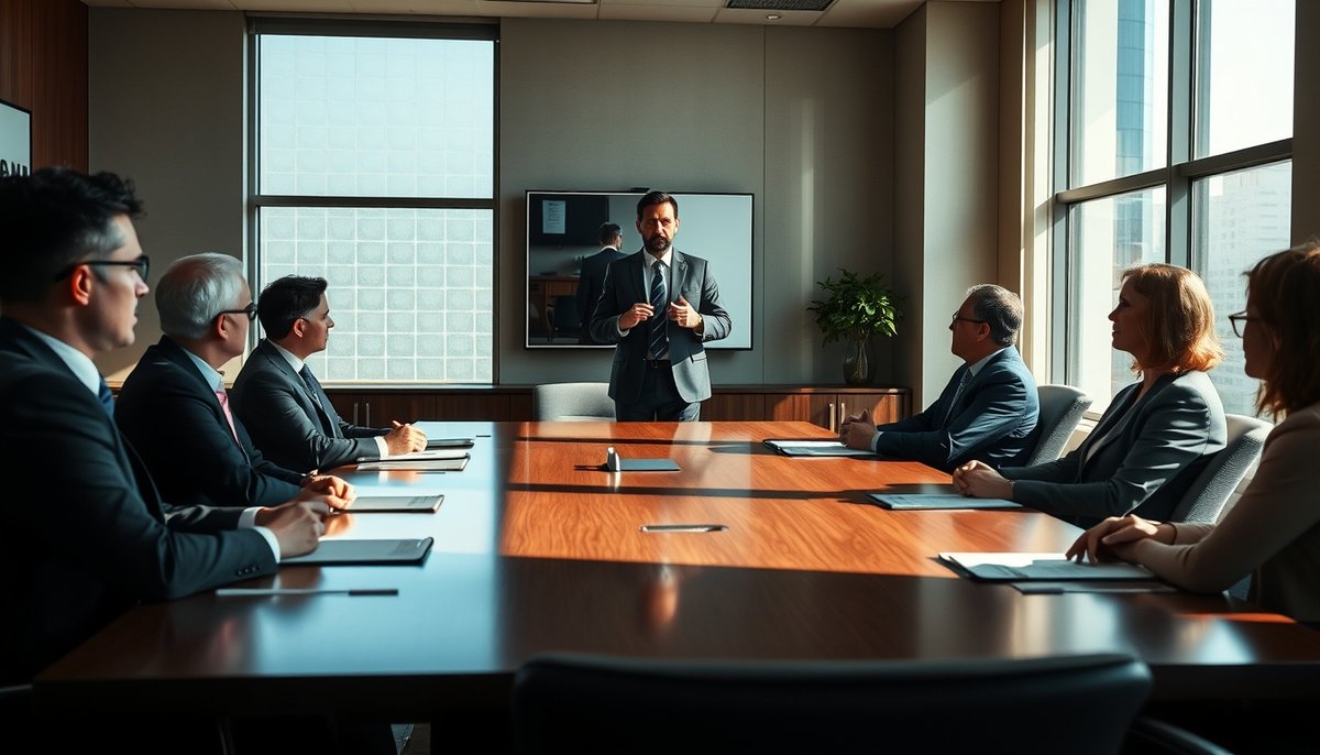 Consultor de reestructuración presentando análisis y estrategias a directivos en sala de juntas corporativa profesional Reunión corporativa con consultor presentando estrategias de reestructuración a ejecutivos