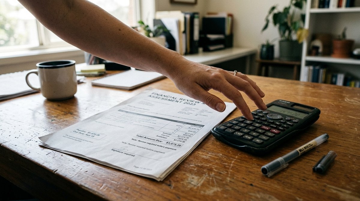 Liquidación de tasas oficiales y calculadora sobre escritorio - Revisión de pago administrativo tras resolución favorable Documento liquidación de tasas administrativas con calculadora