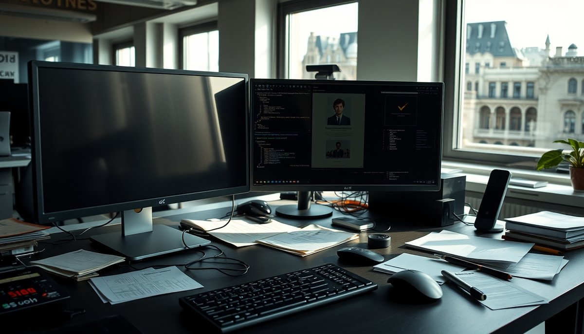 Espacio de trabajo moderno con múltiples monitores mostrando dashboards financieros y tecnología avanzada para consultoría empresarial Herramientas digitales y software de análisis financiero en consultoría de reestructuración moderna