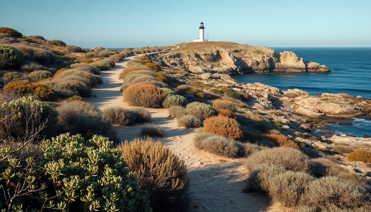 Sendero costero de Tabarca en invierno con caminante solitario y faro al fondo