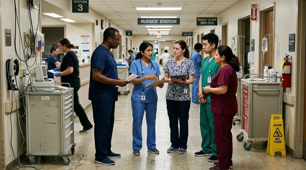 Médicos extranjeros integrados en sistema sanitario público español durante jornada laboral en hospital Equipo médico multicultural trabajando en hospital público español