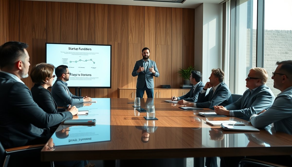 Momento crucial de presentación de startup a inversores profesionales mostrando métricas y equipo fundador Fundador presentando pitch deck a panel de inversores potenciales en sala de reuniones