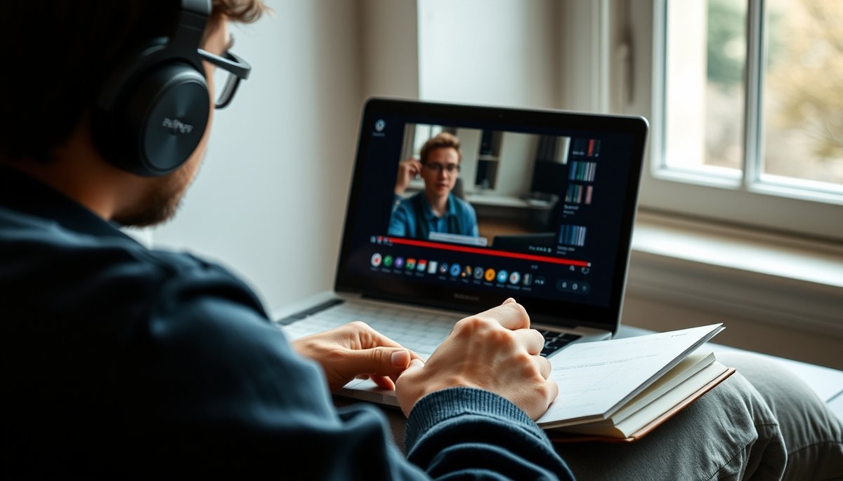 Formación online sobre Term Sheet con contenido audiovisual explicando términos de inversión y gráficos financieros Persona aprendiendo conceptos Term Sheet mediante video educativo con diagramas de inversión