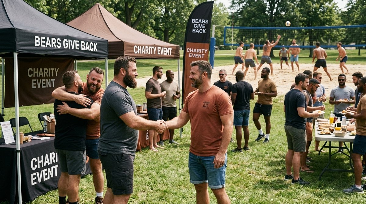 Grupo de hombres Bear participando en evento benéfico diurno mostrando conexiones humanas auténticas Actividad solidaria Bear festival con participantes en evento de caridad