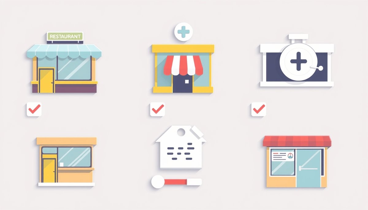 Interface de selección de categorías de negocio con iconos de servicios y atributos para optimización local Selección de categorías y atributos en Google Business Profile para negocios locales
