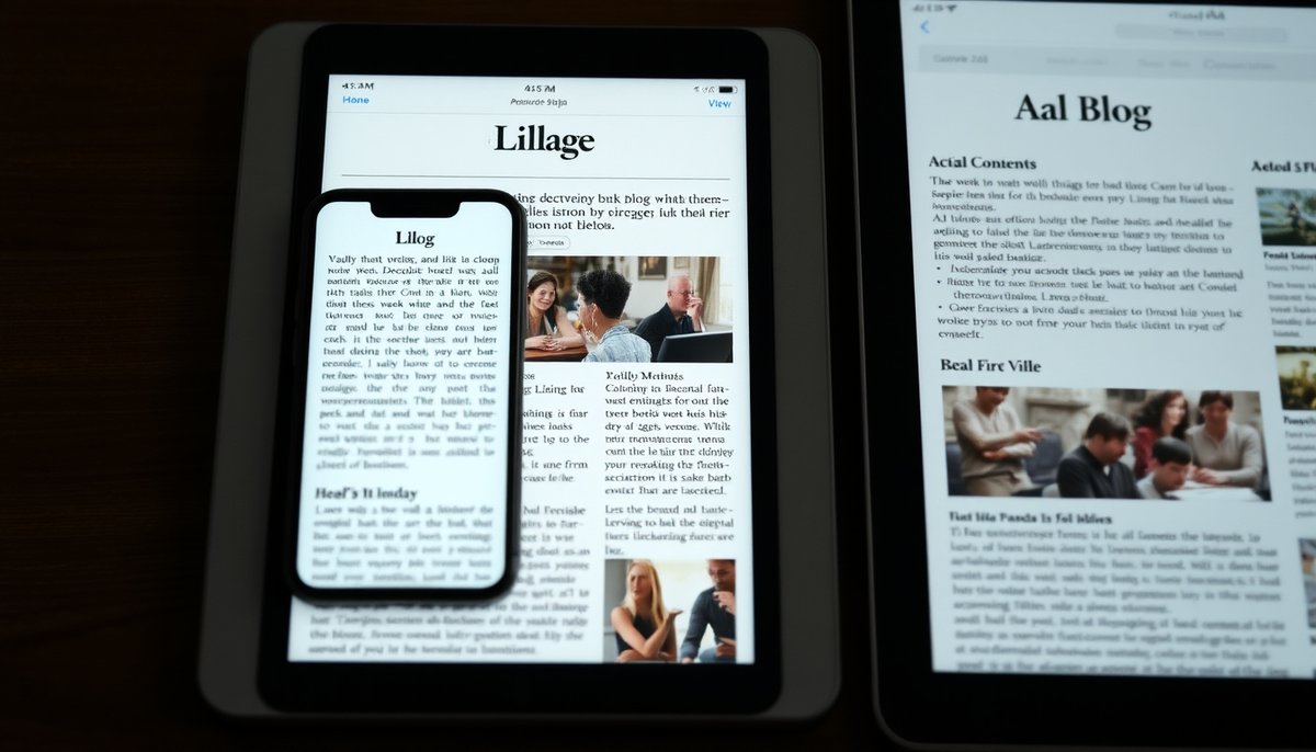 Dispositivos móviles mostrando diseño de blog WordPress adaptativo con contenido optimizado y tipografía legible en múltiples pantallas Blog WordPress responsive en smartphone y tablet con tipografía optimizada