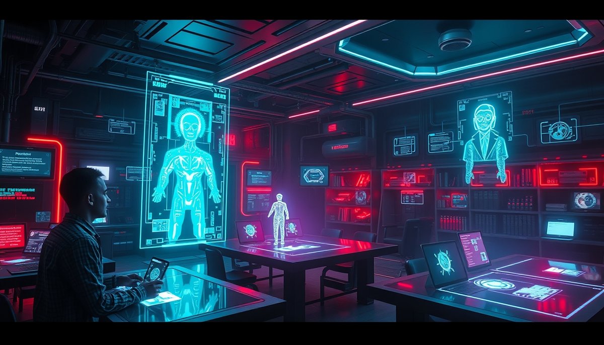 Centro de aprendizaje IA con recursos educativos holográficos y mentores digitales