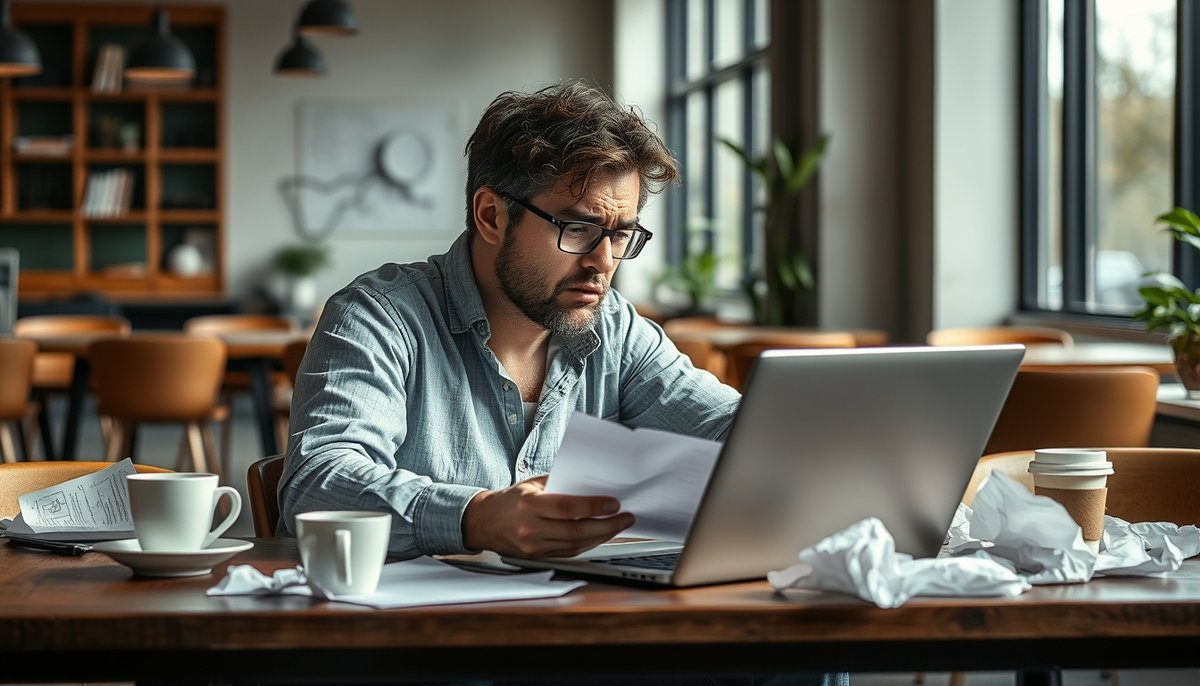 Fundador startup frustrado revisando emails de rechazo de inversores