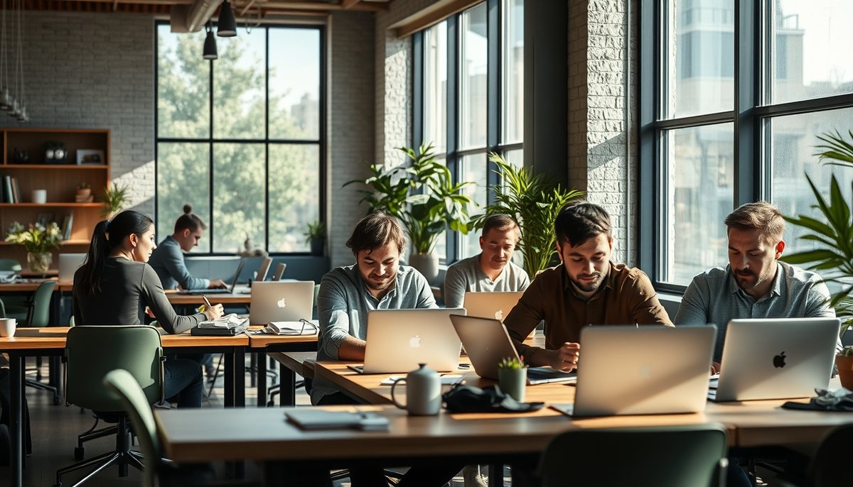 Oficina moderna de startup con emprendedores analizando métricas financieras y datos de crecimiento