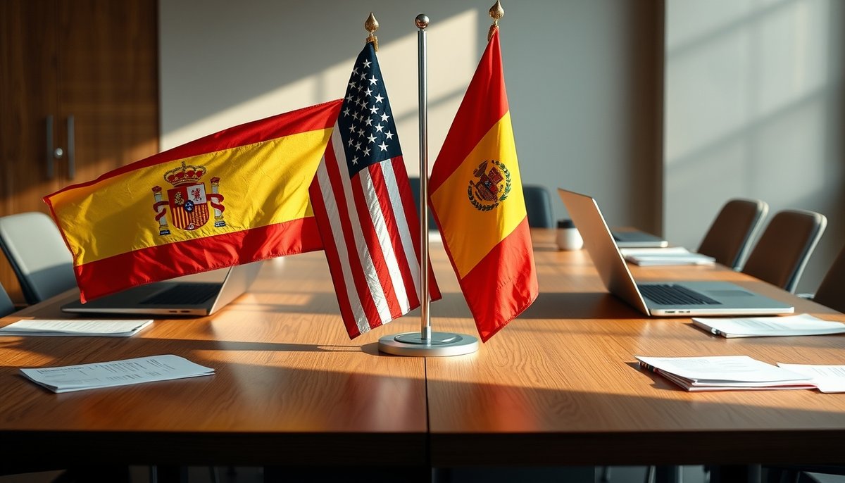 Banderas España y Estados Unidos con documentos comparando ventajas crear empresa