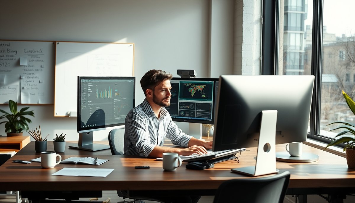 Emprendedor trabajando en growth hacking con métricas y dashboards en pantallas múltiples