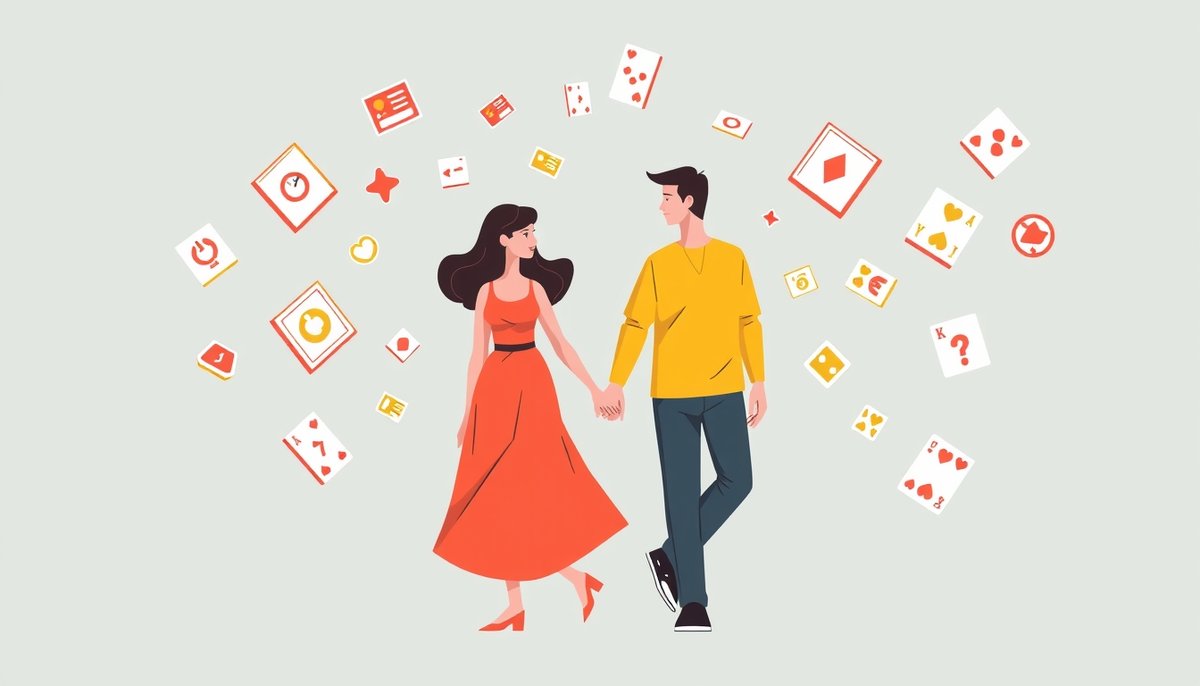 Pareja explorando diferentes juegos íntimos: apps, juegos de mesa y actividades DIY