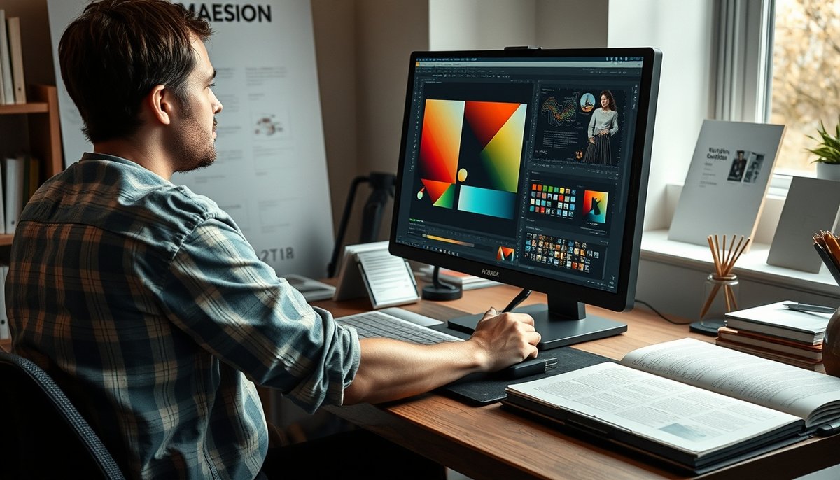 Diseñador trabajando en elementos visuales para presentación a inversores