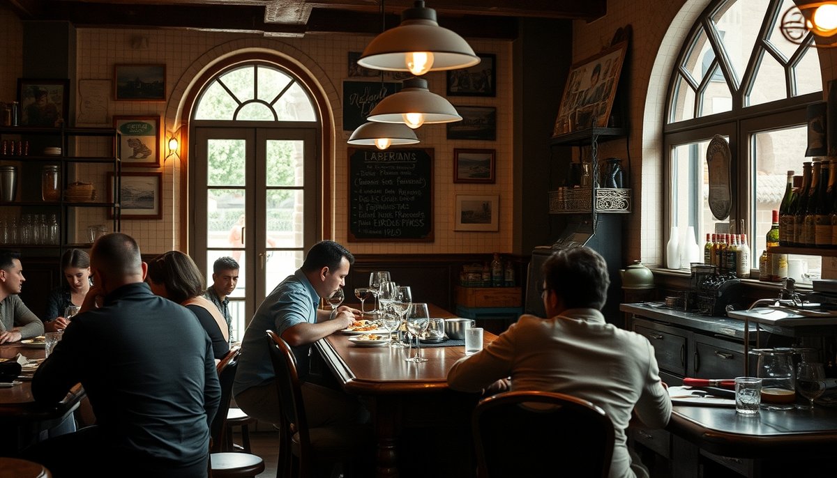 Interior de taberna tradicional de Badajoz con clientes locales disfrutando tapas