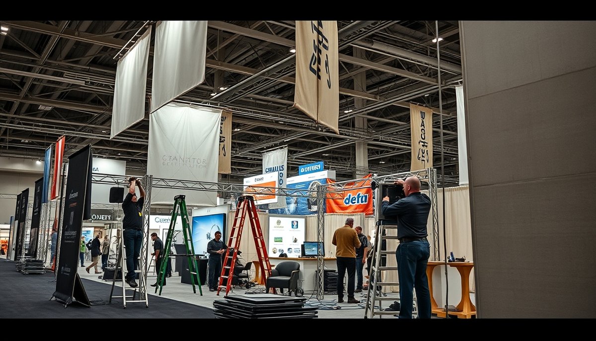 Set-up and technical coordination of a MICE event showing the complex logistics of professional organization. MICE event logistics preparation at convention center