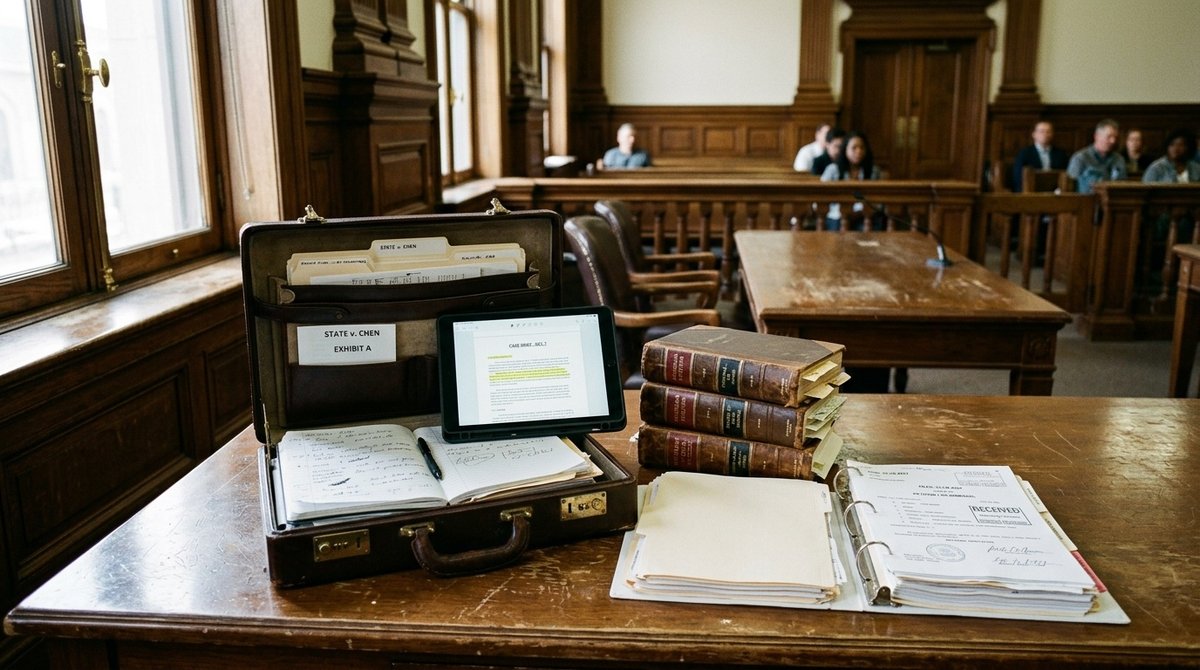 Interior de tribunal español mostrando material legal especializado en derecho de extranjería y representación judicial Sala de tribunal español con documentos legales de casos de extranjería y Ley de Extranjería
