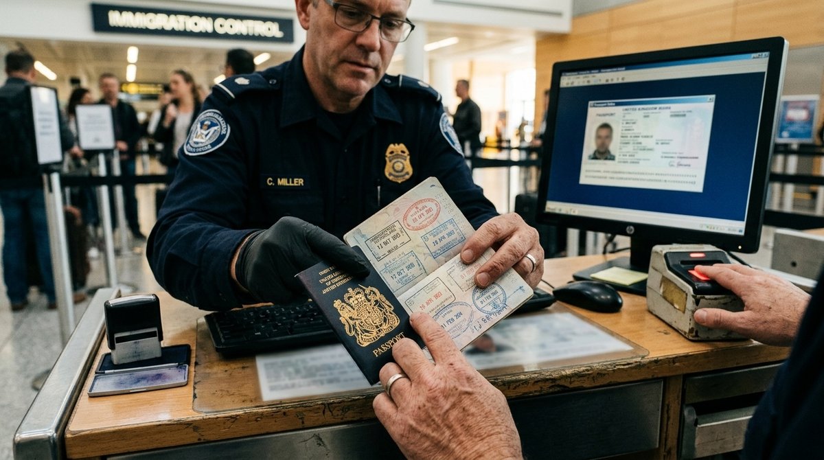 Agente de Aduanas y Protección Fronteriza revisando pasaporte con entrada a Cuba durante inspección de inmigración estadounidense Oficial de CBP examinando pasaporte con sello cubano en control fronterizo de Estados Unidos