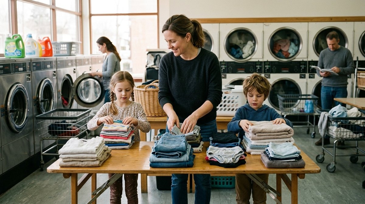 Uso práctico y familiar de lavandería autoservicio: organización eficiente de ropa recién lavada y doblada correctamente Familia organizando ropa limpia y doblada en mesa de lavandería autoservicio Badajoz