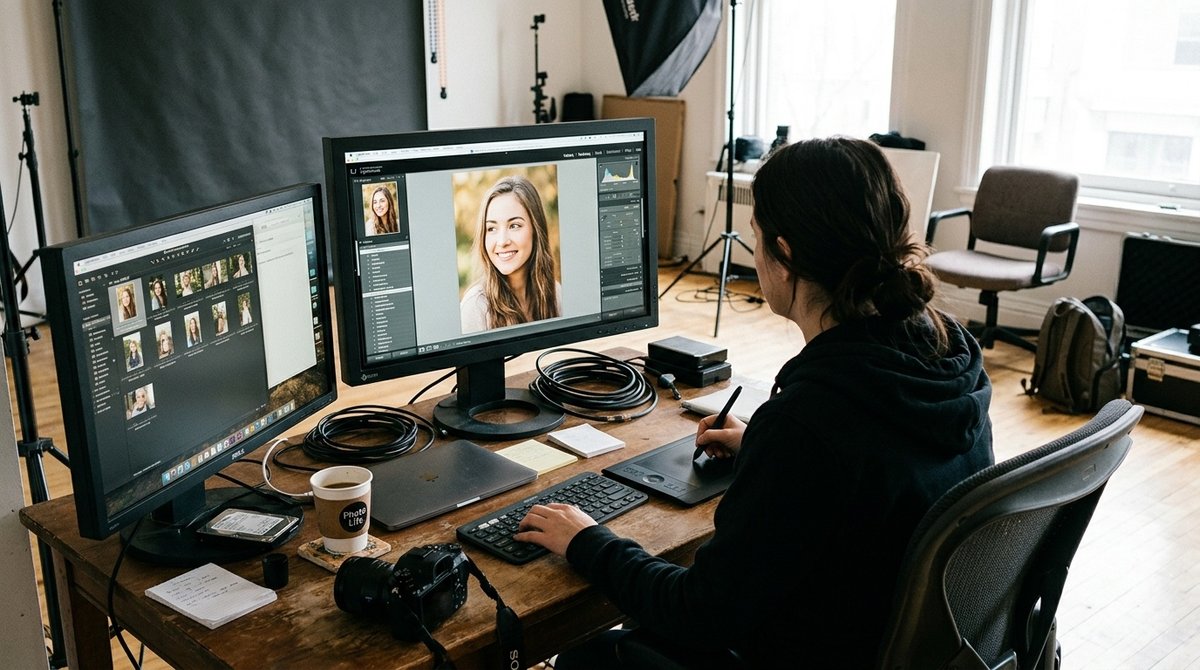 Espacio de trabajo de fotógrafo editando retrato profesional con pantalla dual y herramientas de retoque visibles Sesión de edición profesional de retrato en estudio con monitor mostrando herramientas
