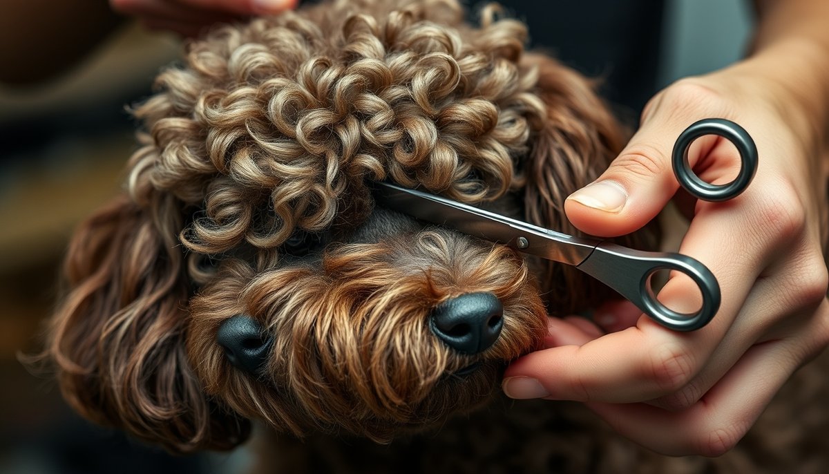 Manos de peluquero canino cortando pelo de caniche con tijeras profesionales