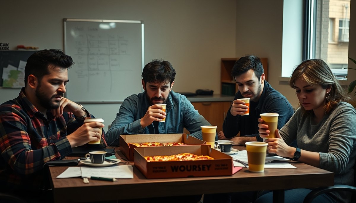 Equipo de startup trabajando de noche con determinación