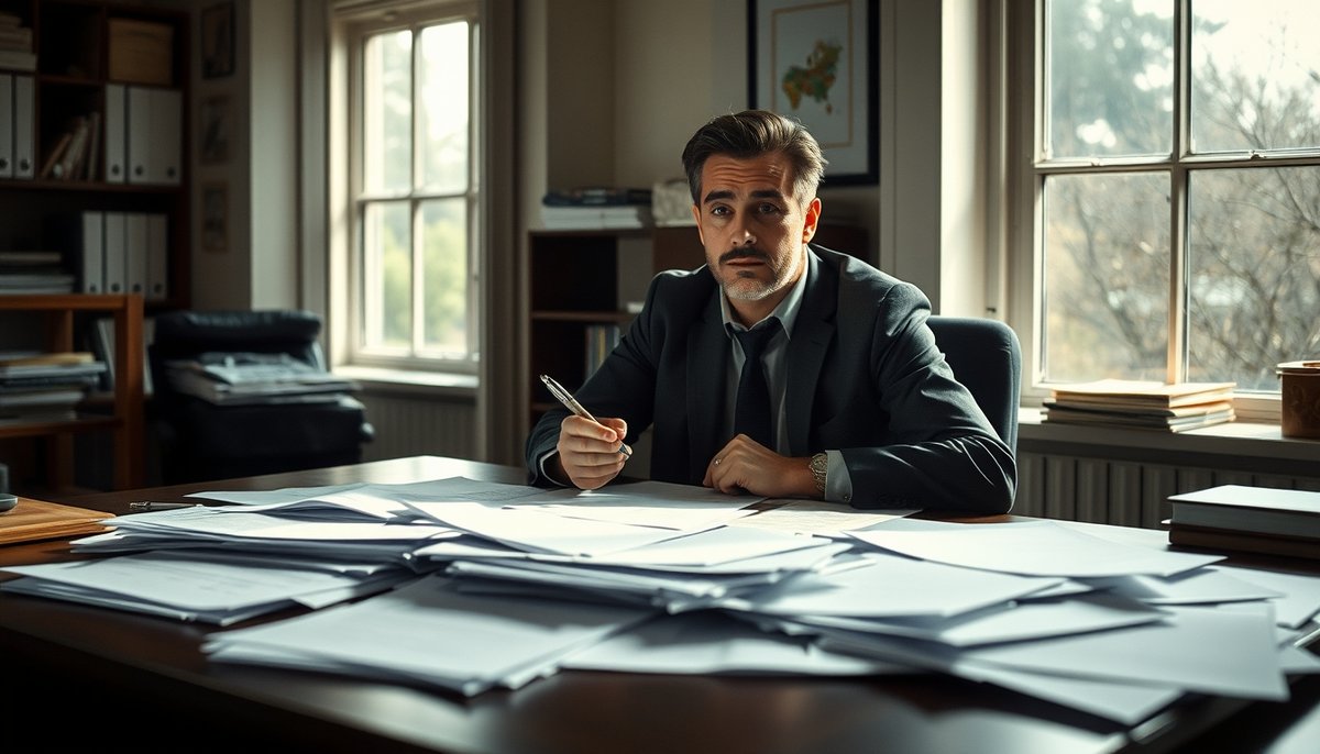 Fundador de startup tomando decisión financiera con múltiples documentos de inversión en escritorio