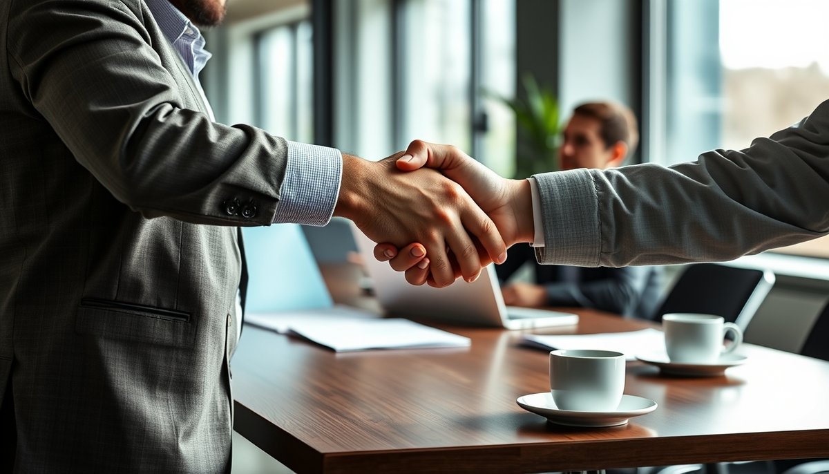 Apretón de manos entre emprendedor e inversor tras exitoso proceso de data room