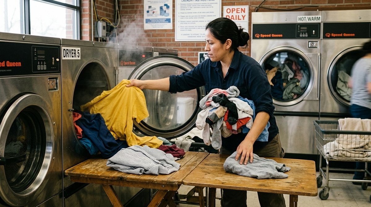 Técnica de doblado inmediato de ropa caliente al salir de la secadora para prevenir arrugas y ahorrarse el planchado Persona retirando y doblando ropa inmediatamente de secadora industrial para evitar planchado