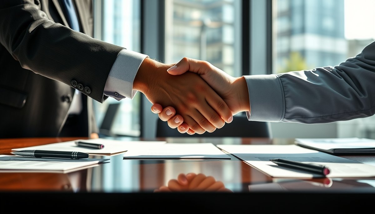 Apretón de manos profesional cerrando ronda de financiación con contratos