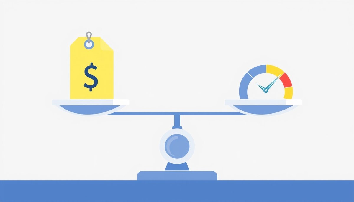 Balanza comparando precio económico vs calidad en hosting web con iconos de seguridad
