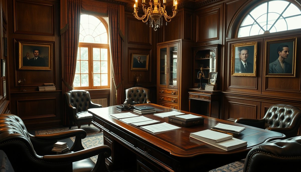 Oficina privada elegante con documentos financieros de family office sobre escritorio