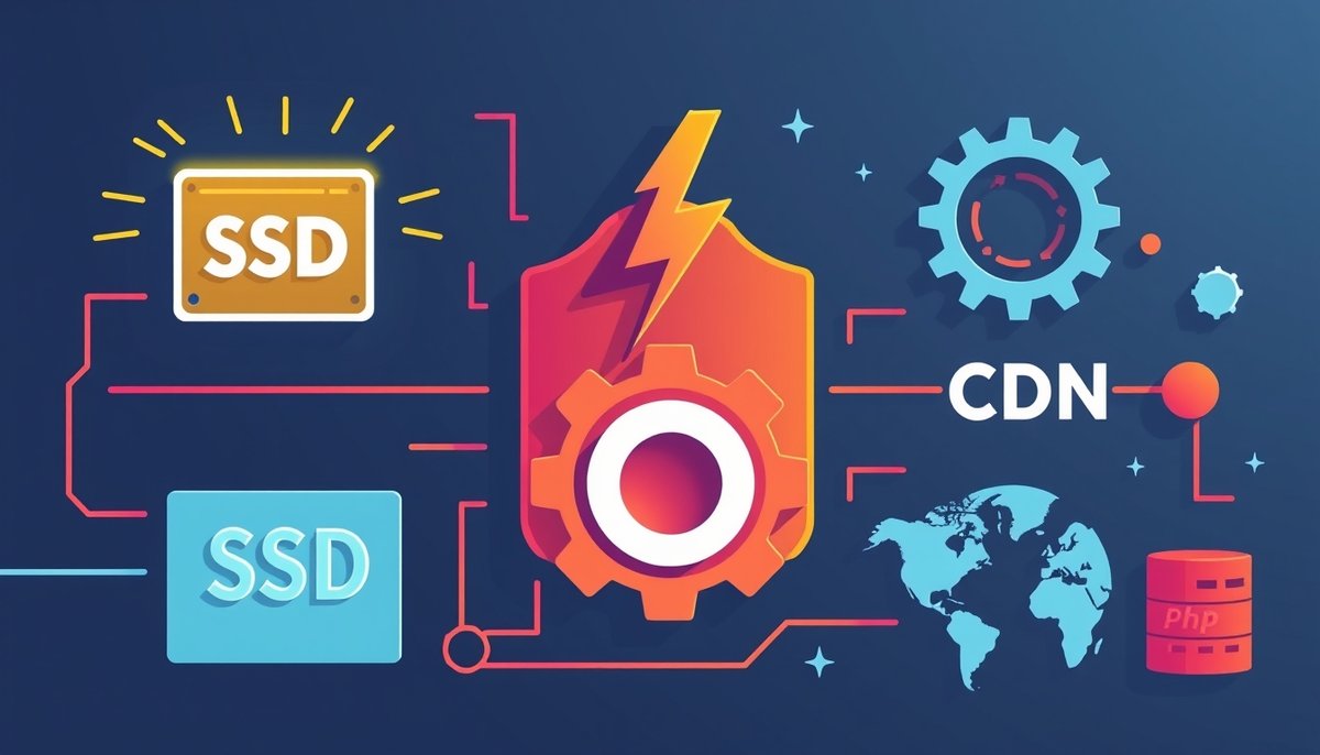 Elementos velocidad hosting: discos SSD NVMe, caché y CDN global