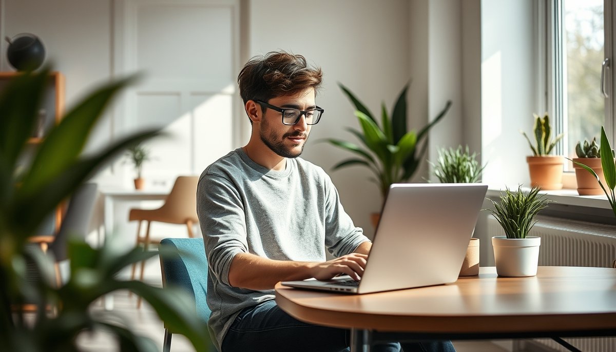 Emprendedor trabajando en laptop con documentos SAFE para financiación de startup en oficina moderna