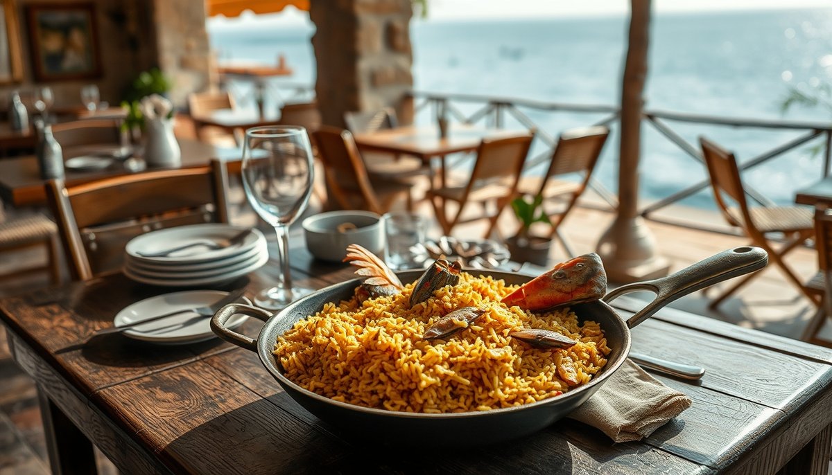 Caldero tabarquino tradicional servido en terraza de restaurante con vistas al mar