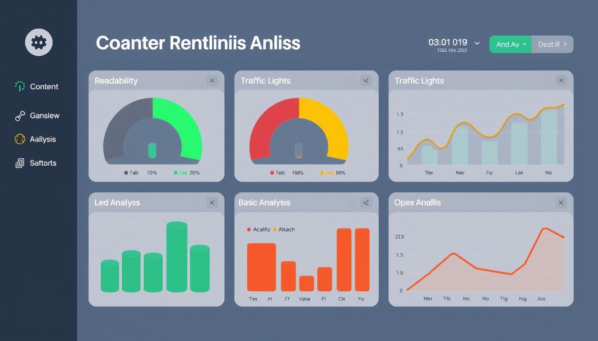 Dashboard de análisis de contenido de Yoast SEO con indicadores de legibilidad, estructura y sistema de semáforos verde-naranja-rojo Análisis contenido Yoast: métricas legibilidad SEO y sistema semáforos