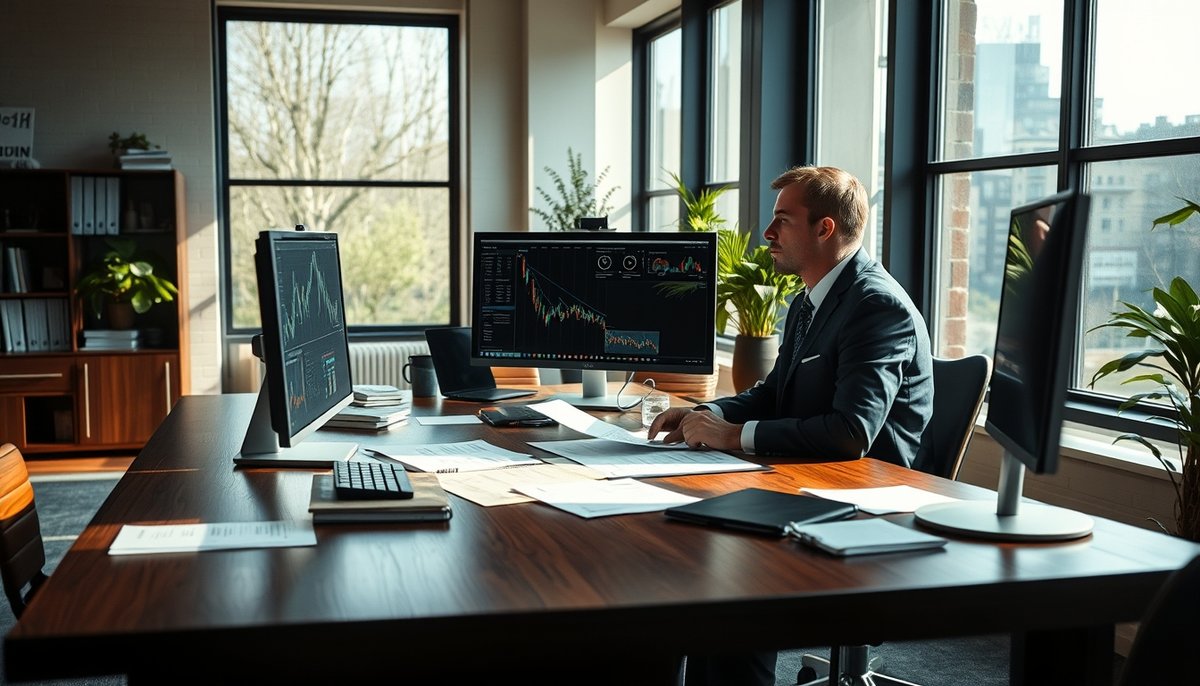 Inversor analizando métricas de impacto de startup en monitores múltiples